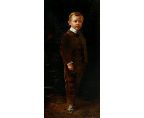 English Victorian School, full length portrait of a young boy, oil on canvas, 54cm x 27cm, framed