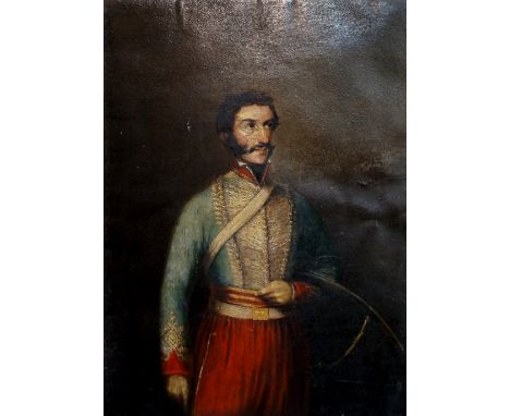 English School, early 19th Century - half length portrait of a cavalry officer, probably a Cherrypicker (11th Hussars), oil o