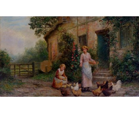 Trevor Haddon R.B.A - Feeding Chickens, two young women outside a cottage exterior with hollyhocks and gate beyond, oil on ca