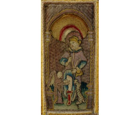Two early 17th Century tapestry fragments worked in coloured wools and metallic thread, 38cm x 20cm approx., later mounted an