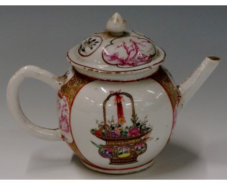 A Chinese 18th Century globular teapot and cover alternately painted with panels of floral filled baskets and pink landscapes