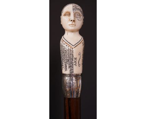 An ivory Phrenology head walking stick with foliate engraved silver barrel shaped collar, indistinct maker's mark, London 192