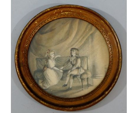 English School, late 18th /early 19th Century - circular portrait of brother and sister seated on a sofa in interior, waterco