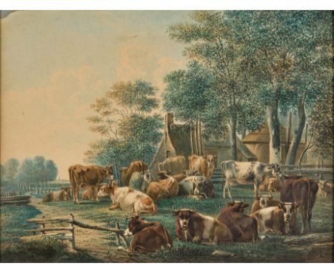 1740 Mannheim - 1799 München.  Aquarell. In sommerlicher Landschaft, rastende Kuhherde vor  Gehöften. U.r. monogr. 25 x 30 cm