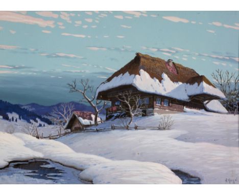 War tätig in Gutach. 1. Hälfte 20. Jh.  Gouache. Tief verschneite Schwarzwaldlandschaft mit am Bachlauf  liegendem, prächtige