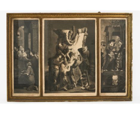 18. Jh.  Kupferstiche. Triptychon aus der Kathedrale unserer Lieben Frau  in Antwerpen. Mitteltafel: Kreuzabnahme. Flankiert 