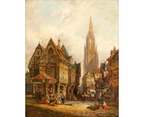 1854-1915. Englischer Städtemaler. War tätig in Utrecht.  Öl/Lw. Mittelalterliche, belebte Stadtansicht von 'Freiburg' mit  B