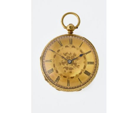 Gehäuse GG 18 Kt., ø 42 mm. Fein floral reliefierter Rückdeckel,  Zwischendeckel GG 18 Kt. Spitzzahnankerwerk mit Schnecke un