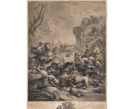 18. Jh.  Kupferstich. Bärenhatz. Jean Jacques Flipart nach Boucher. In  der Pl. bet. u. bez. (Gebr., leicht wellig). 51,5 x 3