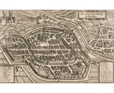 17. Jh. Kupferstichkarte. Freiburg aus der Vogelperspektive mit  Legende. Matthäus Merian aus: Topographia Germaniae. 1644.  