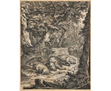 1695 Ulm - 1767 Augsburg.  Kupferstich. Wildsau mit ihren Frischlingen auf einer  Waldlichtung. (Beschn.). 55 x 43 cm. R.  Li