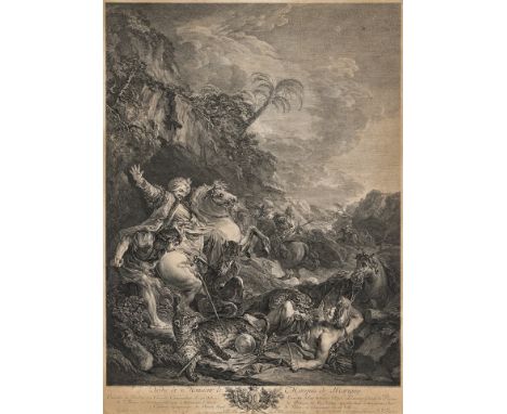 18. Jh. Kupferstich. Tigerjagd. Jean Jacques Flipart (1719-1782) nach  Boucher. In der Pl. bez. u. bet. (Gebr.). 50 x 36 cm. 
