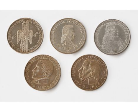 5 x 5 DM Gedenkmünzen, Top 5: Germanisches Museum 1952, vz-.  Friedrich v. Schiller 1955, vz-. Markgraf v. Baden, 1955, vz-. 