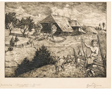 1839 Bernau - 1924 Karlsruhe. Radierung. 'Mutterslehn' mit auf einem Zaun sitzendem Mädchen  und Ziege. U.l. 'Probedruck' bez