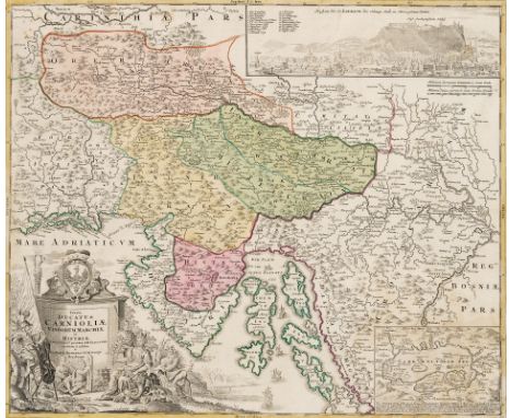 Nürnberg, um 1720. Kupferstichkarte, altkol. 'Tabula Ducatus Carnioliae Vindorum  Marchiae et Histriae'. Ehemalige Karte des 