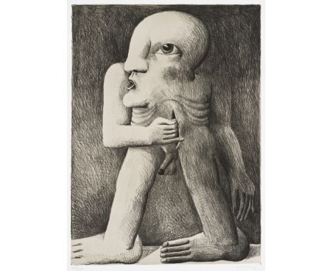 1936 Heppenheim. Tätig in Karlsruhe, Berlin und Castellina.  Lithogr. Männlicher Kopffüßler mit Wunde. 1970. Aus der Serie  1