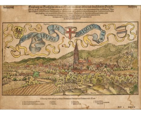 16. Jh.  Holzschnitt, kol. Gesamtansicht aus der Vogelschau. Mit Wappen  und Banderole. Aus: Cosmographiae Universalis. Im St