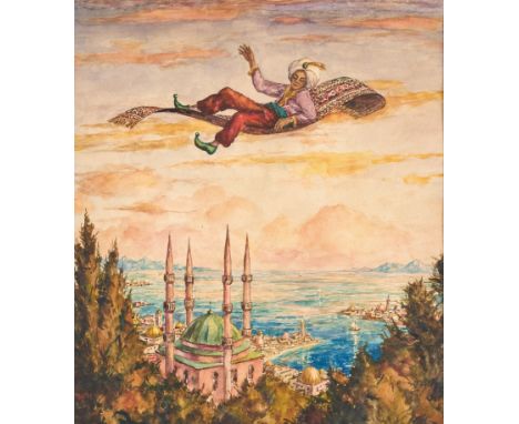 1892 Habelschwerdt/Glatz - 1975 Freiburg.  Aquarell. Flug auf dem fliegenden Teppich über die Hagia Sophia.  U.l. monogr. u. 