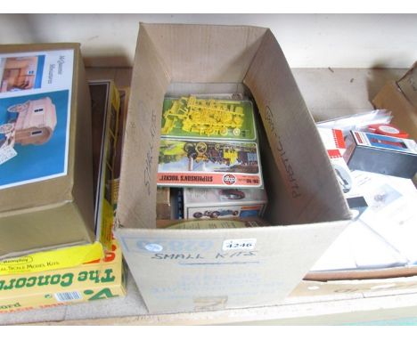 A box of mixed model kits including Airfix Stephenson's Rocket 
