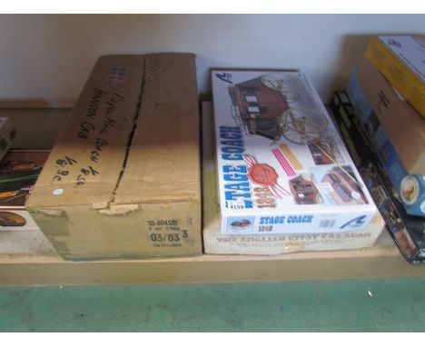 Boxed unmade wooden model 1848 stage coach, boxed unmade wooden model English Gypsy wagon and box containing wooden unmade mo