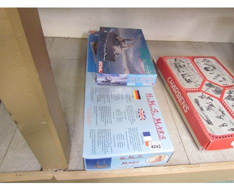 A boxed unmade 1:64 scale wooden model H.M.S Mars together with an unmade plastic DML model H.M.S. Sheffield Destroyer