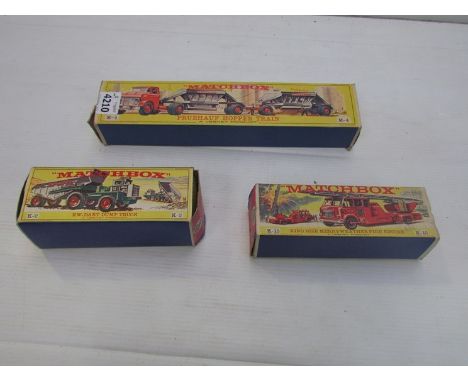 Boxed Matchbox M4 Fruehauf Hopper train, K2 Dart Dump Truck and K15 Merryweather Fire engine 