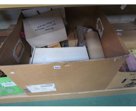 A large box of mixed model makers items including tiles, dormer unit, table wares, galloper horses etc 