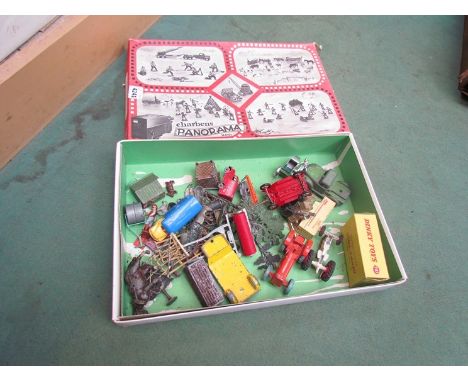 A Charbens Panorama Series box containing mixed played with leads and diecasts including boxed Dinky Toy 737 Lightning Fighte