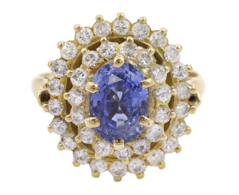 14ct gold oval sapphire and two row round brilliant cut diamond cluster ring, sapphire approx 0.80 caratCondition Report:Appr