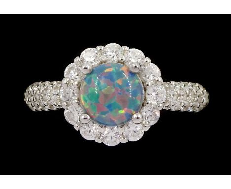 Silver opal and cubic zirconia cluster ring, stamped 925Condition Report:Size J, good condition