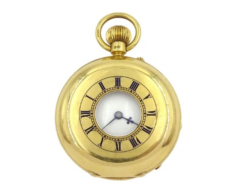 Edwardian 18ct gold half hunter keyless lever fob watch, No. 257641, white enamel dial with Roman numerals, back case monogra