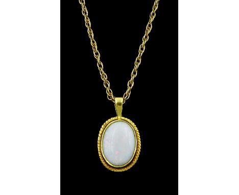 Gold single stone opal pendant, on gold Singapore link chain necklace, both 9ctCondition Report:Approx 6.1gm, pendant length 