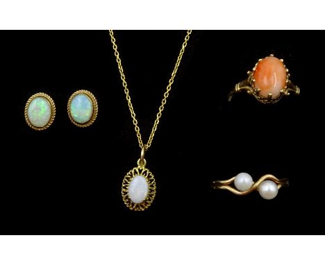 9ct gold jewellery including coral ring, opal pendant necklace, pair of opal stud earrings and a pearl ringCondition Report:A