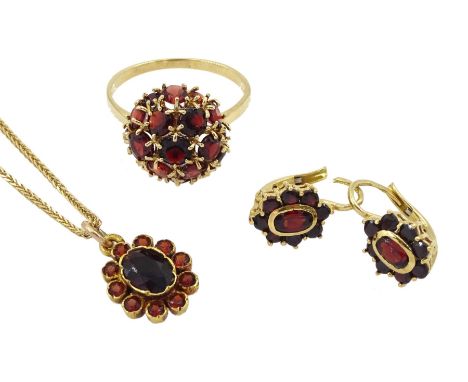 Garnet jewellery including 14ct gold cluster ring, pair of 18ct gold earrings and a 9ct gold pendant necklaceCondition Report