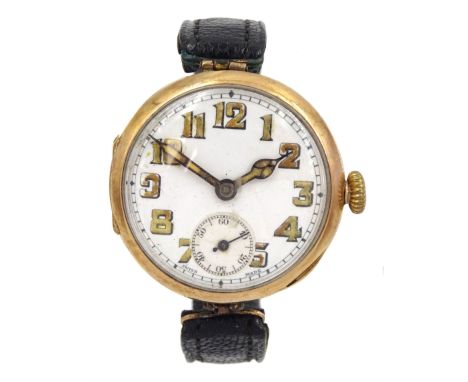 WWI 9ct gold wristwatch, white enamel dial with luminous hands and Arabic hour markers, case by Arthur George Rendell, London