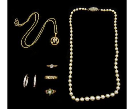 Single strand cultured pearl necklace, with 9ct gold diamond clasp and a collection of 9ct gold jewellery including pair of c