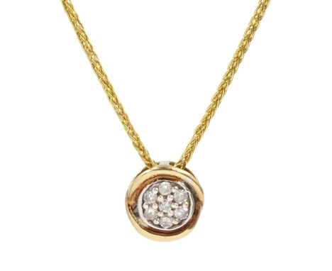 9ct gold pave set diamond circular pendant, on Spiga link chain necklace, hallmarked Condition Report:Approx 3.15gm, pendant 