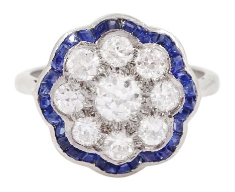 18ct white gold old cut diamond and calibre cut sapphire flower head cluster ring, total diamond weight approx 1.00 caratCond