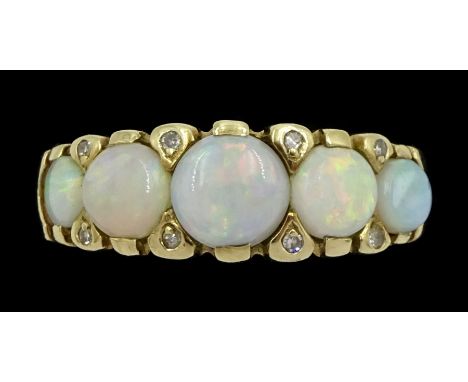 9ct gold graduating five stone opal ring, with diamond accents set between, hallmarkedCondition Report:Approx 3.4gm, size O, 