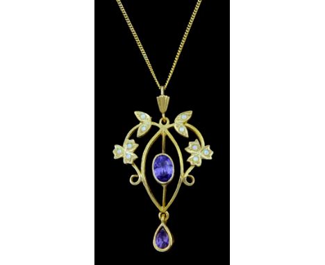 Silver-gilt opal and amethyst pendant necklaceCondition Report:Pendant length = 42mm, good condition