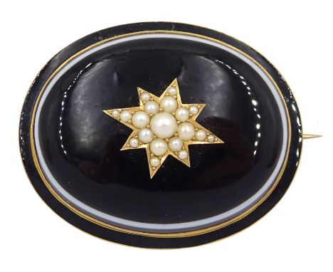 Victorian 15ct gold mounted banded agate mourning brooch, the centre with applied gold split pearl star decorationCondition R