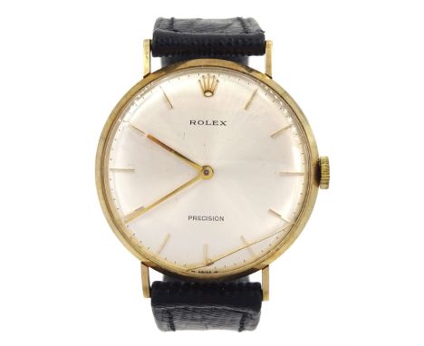 Rolex Precision gentleman's 9ct gold manual wind presentation wristwatch, 17 jewel movement, Cal 1225, silvered dial with bat