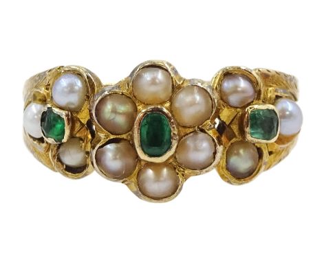 Victorian 15ct gold split pearl and green stone set flower head cluster ringCondition Report:Approx 2.9gm, tested 15ct, size 