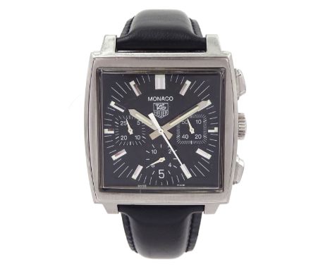 Tag Heuer Monaco gentleman's automatic chronograph wristwatch, circa 2005, Ref. CW2111-0, black dial with date aperture at 6 