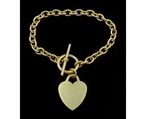 9ct gold cable link bracelet, with heart tag and T bar clasp, hallmarkedCondition Report:Approx 21.6gm, length = 19.5cm, some