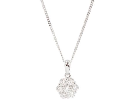 18ct white gold seven stone round brilliant cut diamond daisy flower head cluster pendant, on 9ct white gold chain, total dia