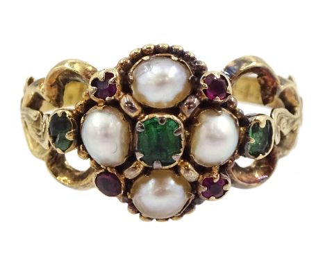 Victorian 15ct gold split pearl, green and red stone set flower head cluster ring, the underside with plaited hairwork, openw