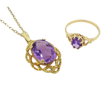 Gold single stone amethyst pendant necklace and a gold amethyst ring, both 9ctCondition Report:Approx 5.55gm, hallmarked or t