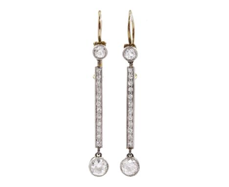 Pair of Art Deco platinum and gold, milgrain set old cut diamond pendant stud earrings, total diamond weight approx 0.70 cara