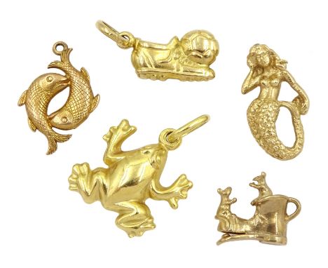 Five 9ct gold pendant / charms including mice in a boot, Pisces, football and boot, mermaid and frogCondition Report:Approx 6